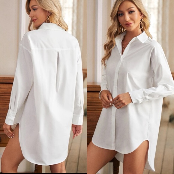 Minimalist button up long sleeve shirt dress collared business casual black - Picture 2 of 3